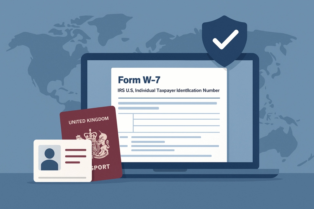 a laptop with a passport and a document